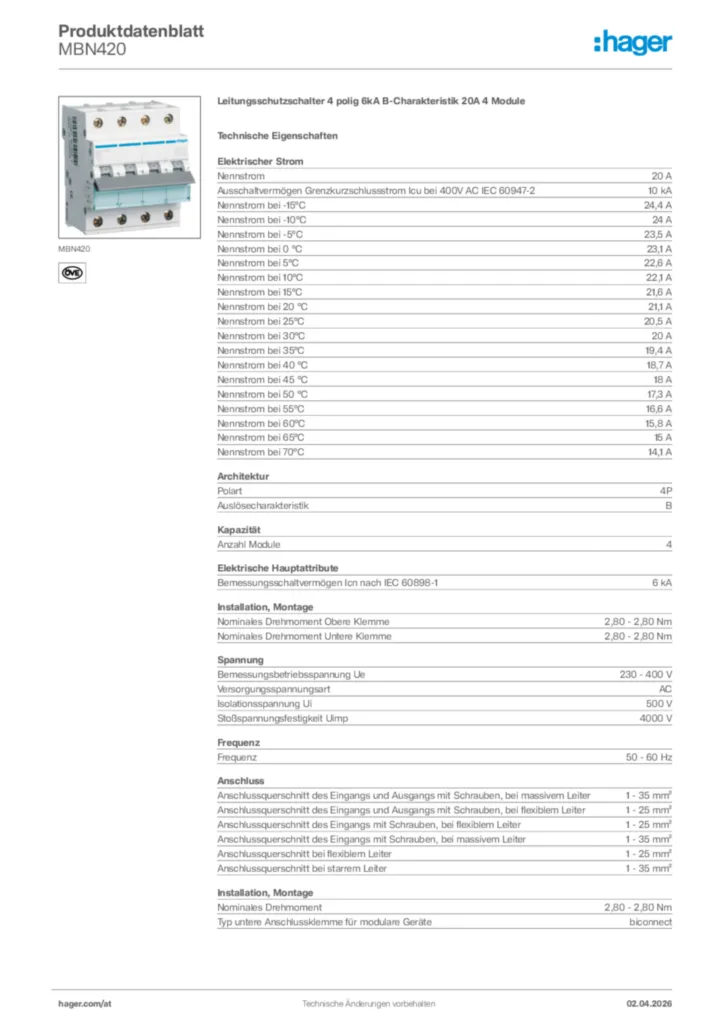 Bild Hager Produktdatenblatt MBN420 | Hager Deutschland