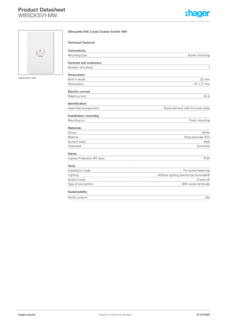 Image Hager Product data sheet WBSCKSV1-MW  | Hager Australia