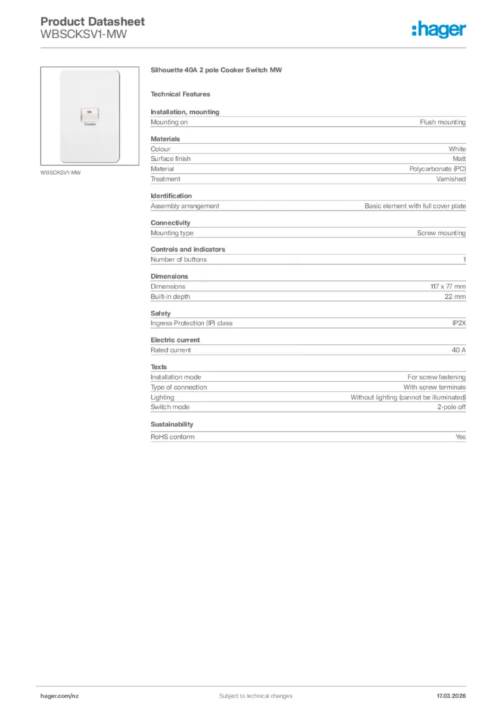 Image Hager Product data sheet WBSCKSV1-MW  | Hager New Zealand