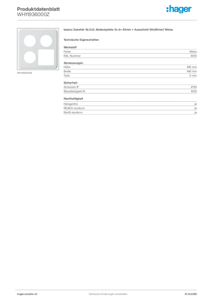 Bild Hager Produktdatenblatt WH11936000Z | Hager Schweiz