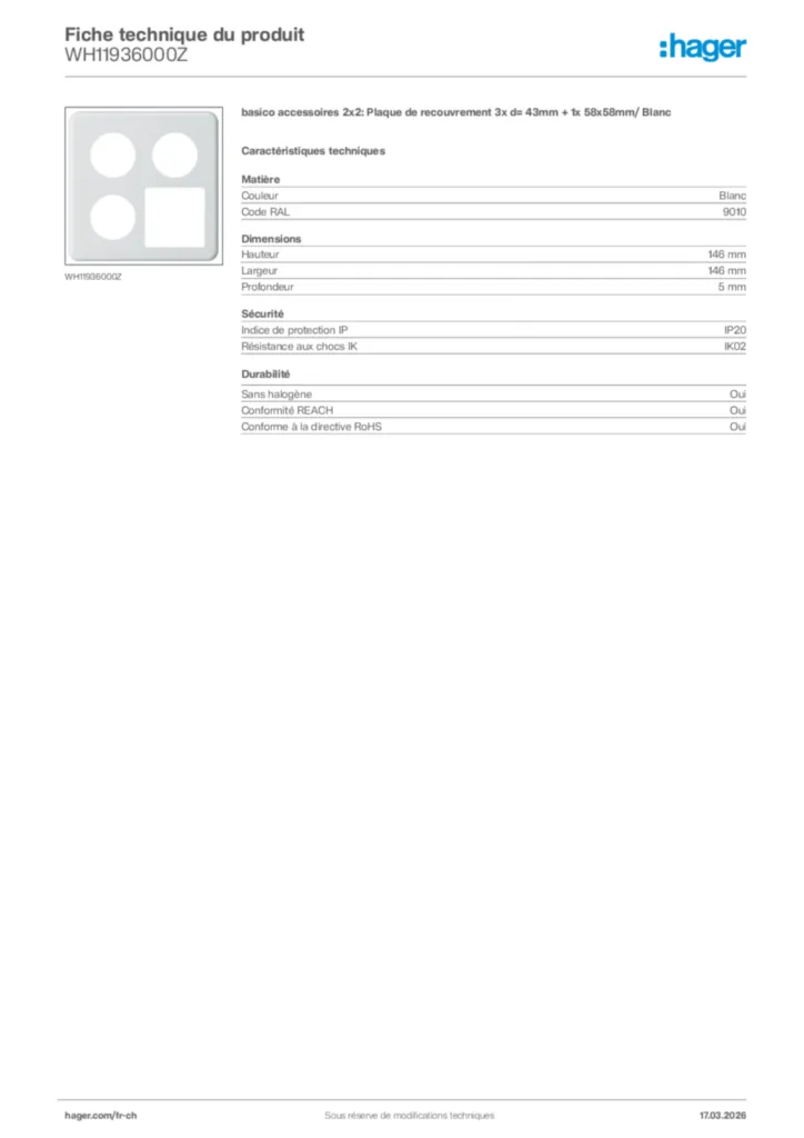 Image Hager Fiche technique du produit WH11936000Z | Hager Suisse