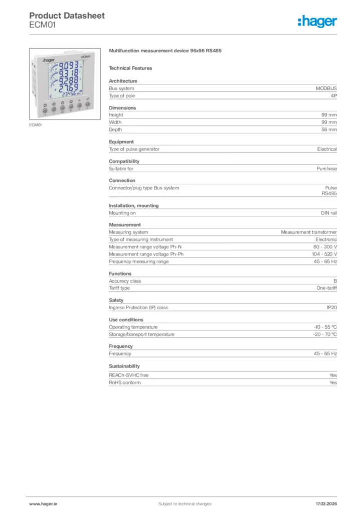 Image Hager Product data sheet ECM01  | Hager