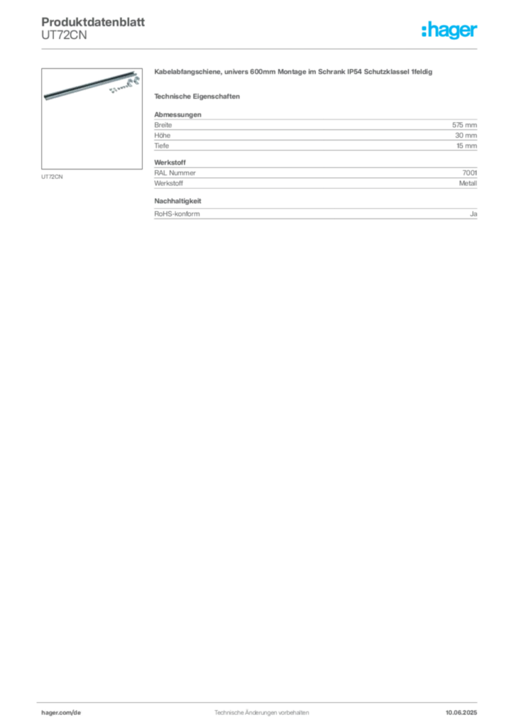 Bild Hager Produktdatenblatt UT72CN | Hager Deutschland