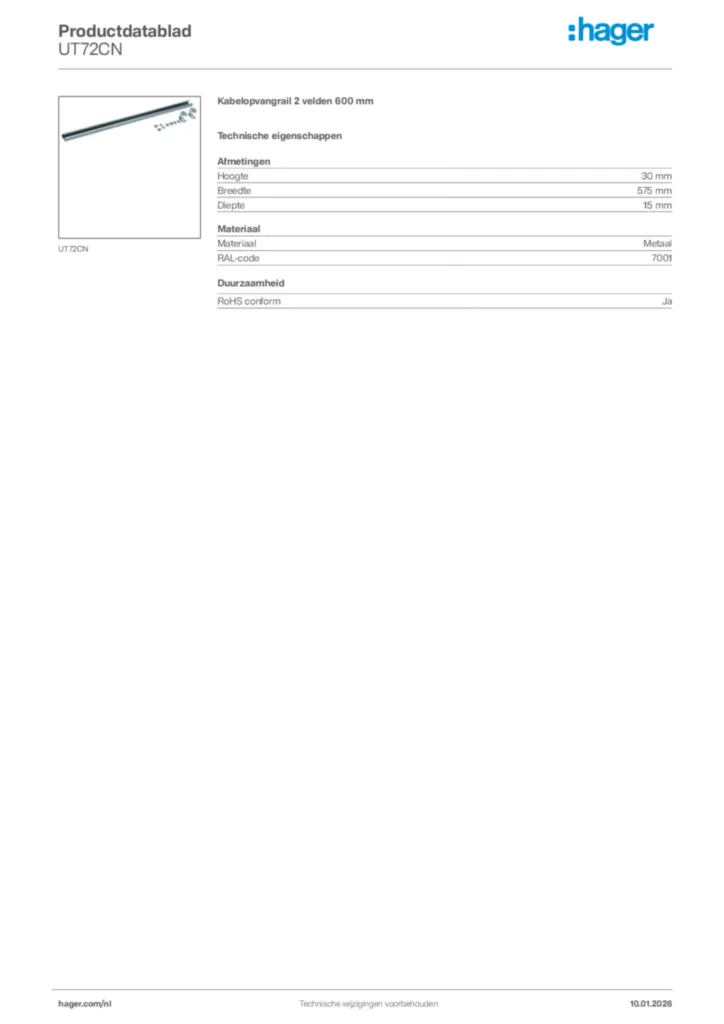 Afbeelding Hager Productdatablad UT72CN | Hager Nederland