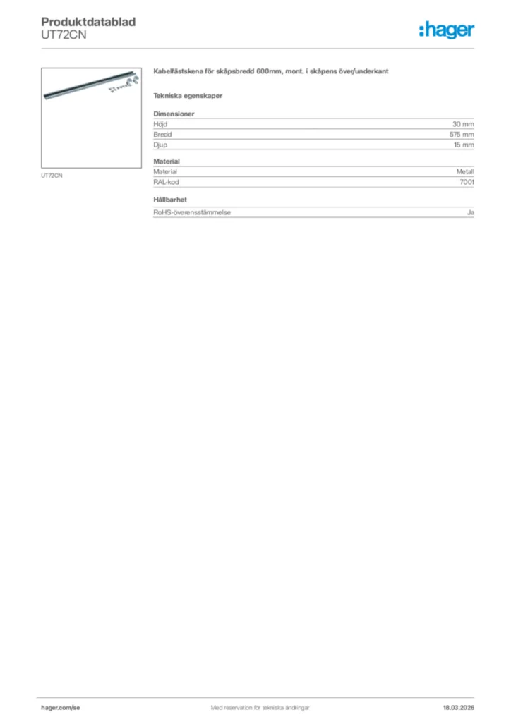 Bild Hager Produktdatablad UT72CN | Hager Sverige