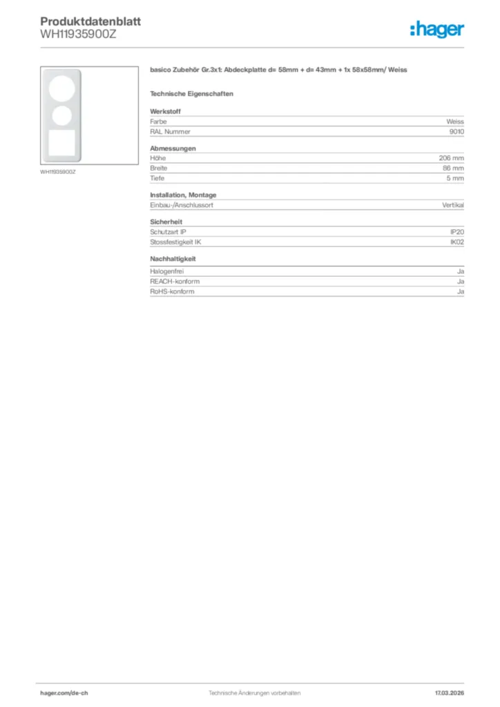 Bild Hager Produktdatenblatt WH11935900Z | Hager Schweiz
