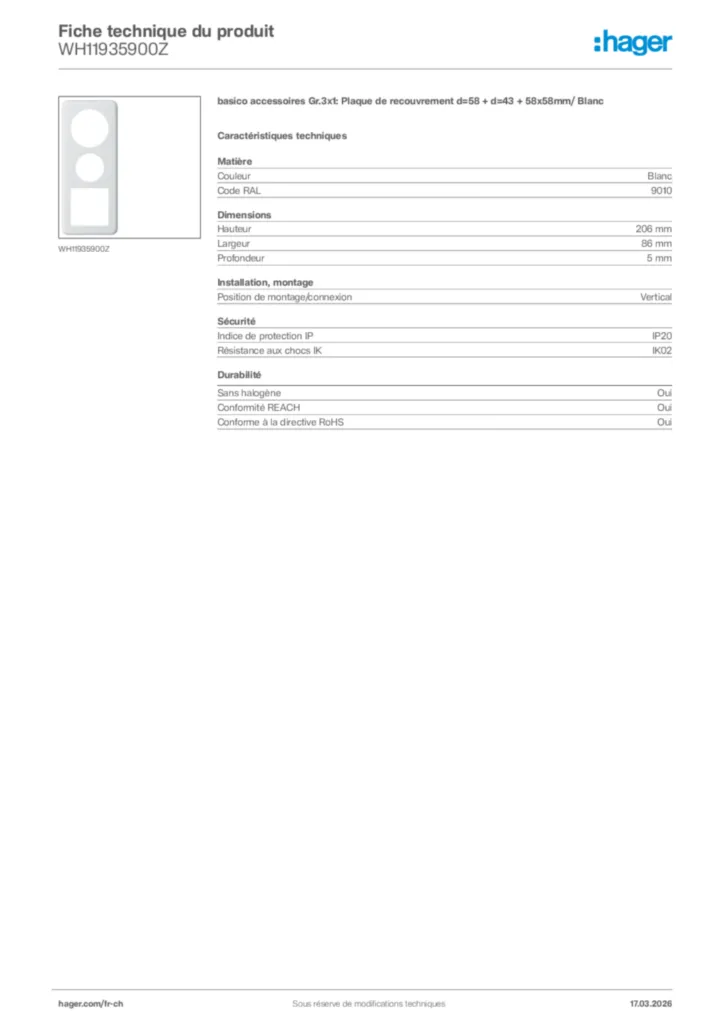 Image Hager Fiche technique du produit WH11935900Z | Hager Suisse