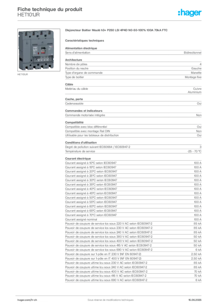 Image Hager Fiche technique du produit HET101JR | Hager Suisse