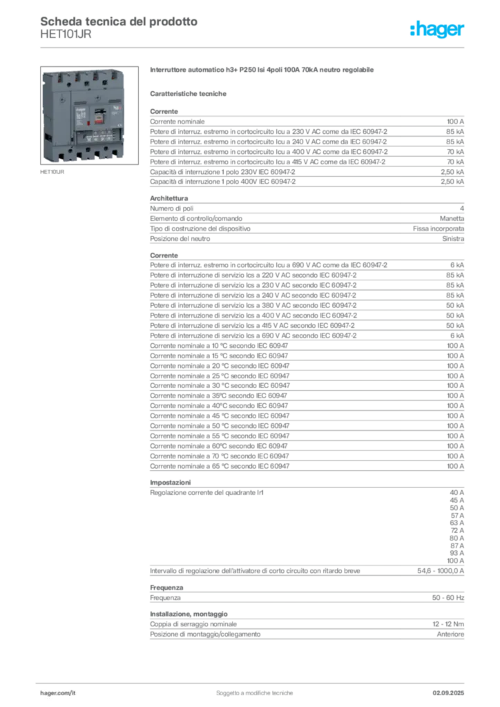Immagine Hager Scheda tecnica del prodotto HET101JR | Hager Italia