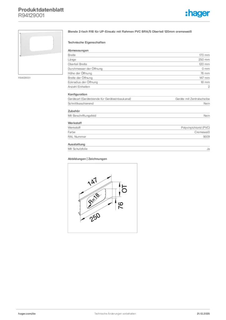 Bild Hager Produktdatenblatt R94129001 | Hager Deutschland