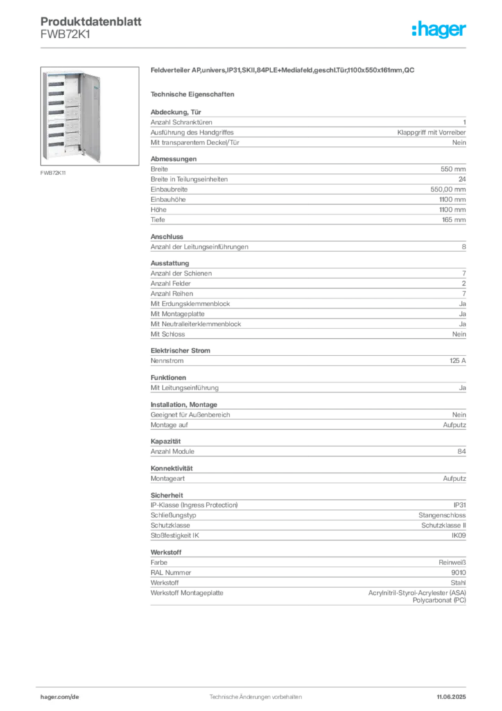 Bild Hager Produktdatenblatt FWB72K1 | Hager Deutschland