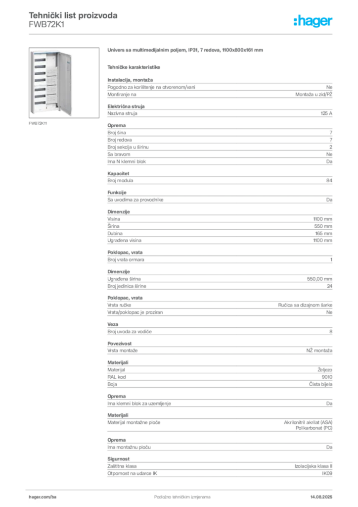 Slika Hager Product data sheet FWB72K1  | Hager
