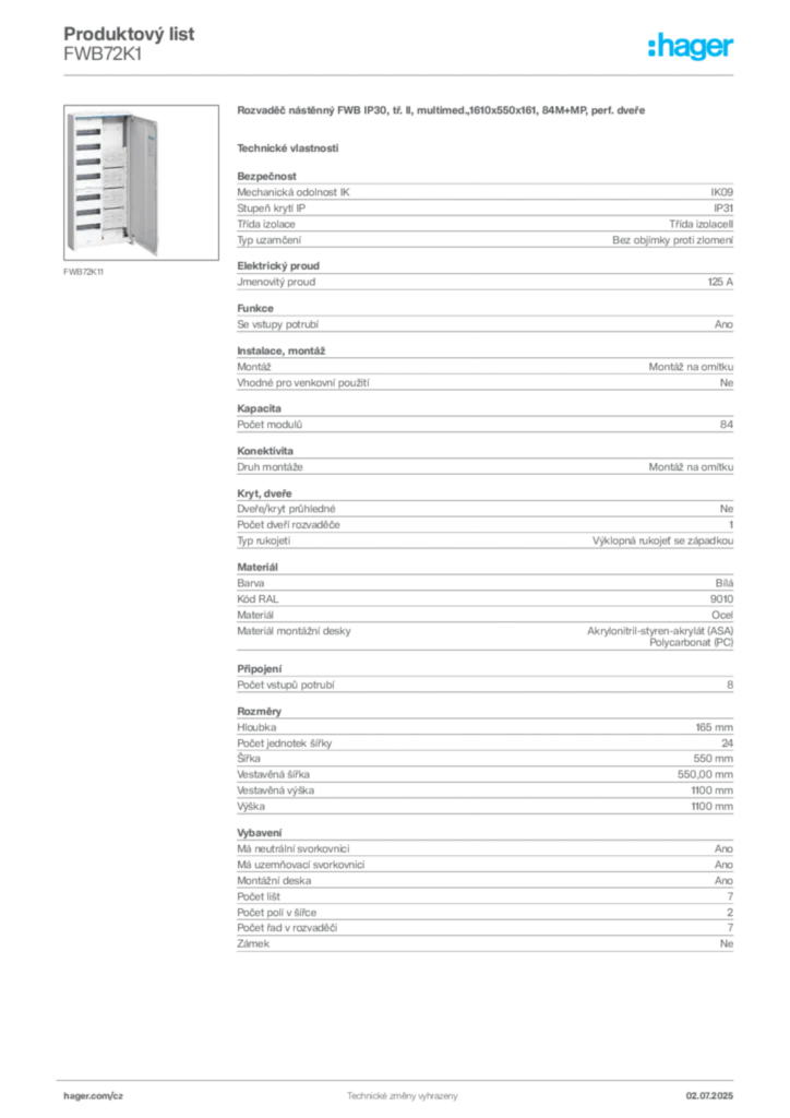 Obrázek Hager Produktový list FWB72K1 | Hager