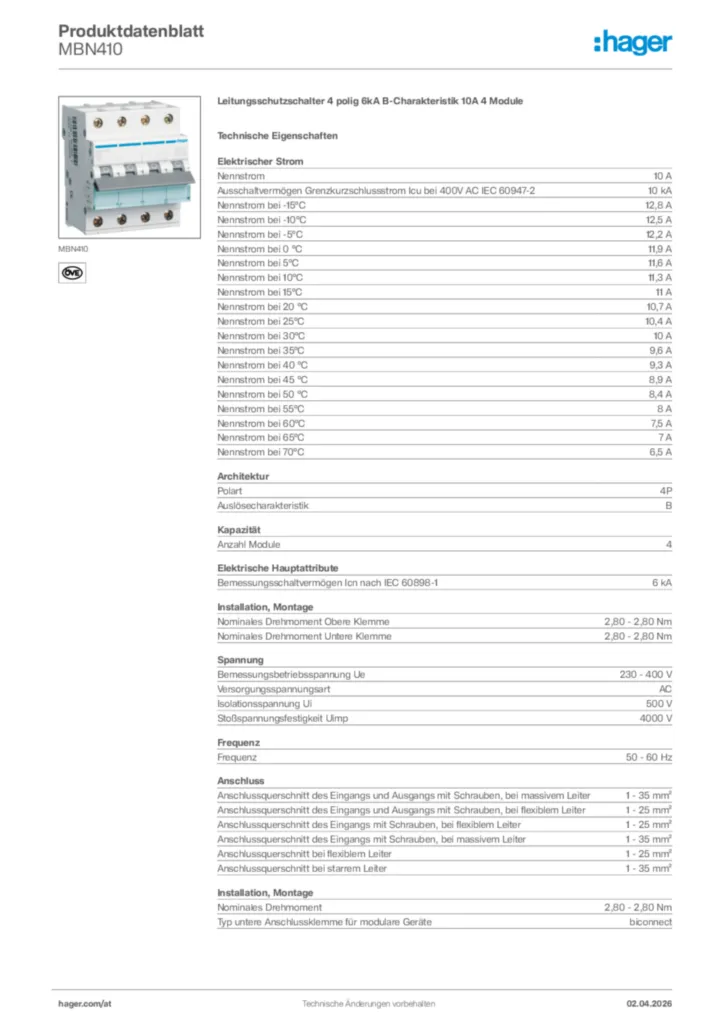Bild Hager Produktdatenblatt MBN410 | Hager Deutschland