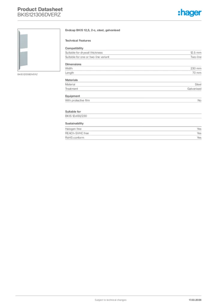 Image Hager Product data sheet BKIS121306DVERZ  | Hager Africa