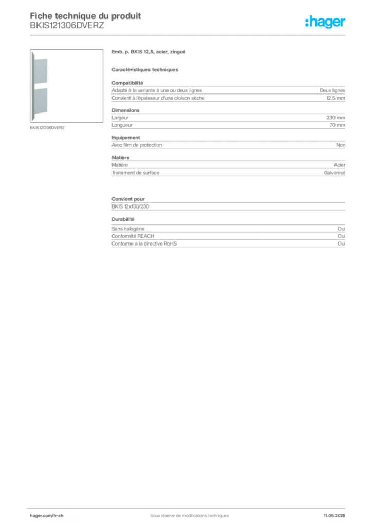 Image Hager Fiche technique du produit BKIS121306DVERZ | Hager Suisse