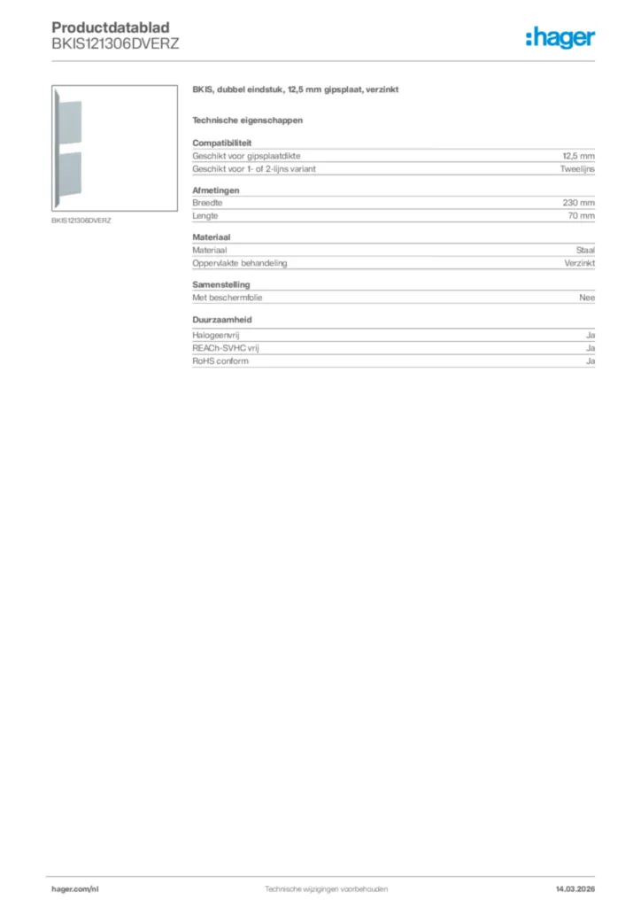 Afbeelding Hager Productdatablad BKIS121306DVERZ | Hager Nederland