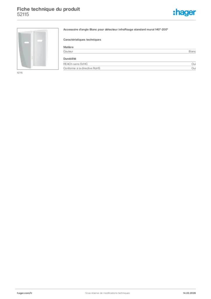 Image Hager Fiche technique du produit 52115 | Hager France