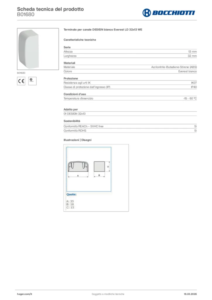 Immagine Bocchiotti Scheda tecnica del prodotto B01680 | Hager Italia
