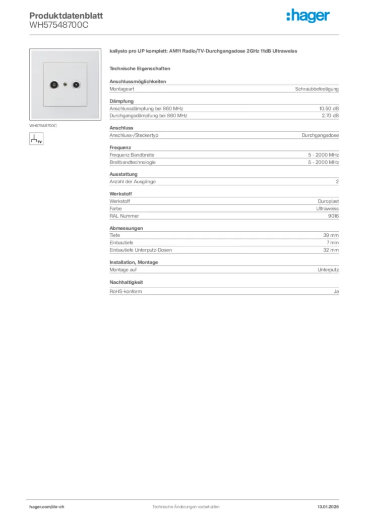 Bild Hager Produktdatenblatt WH57548700C | Hager Schweiz