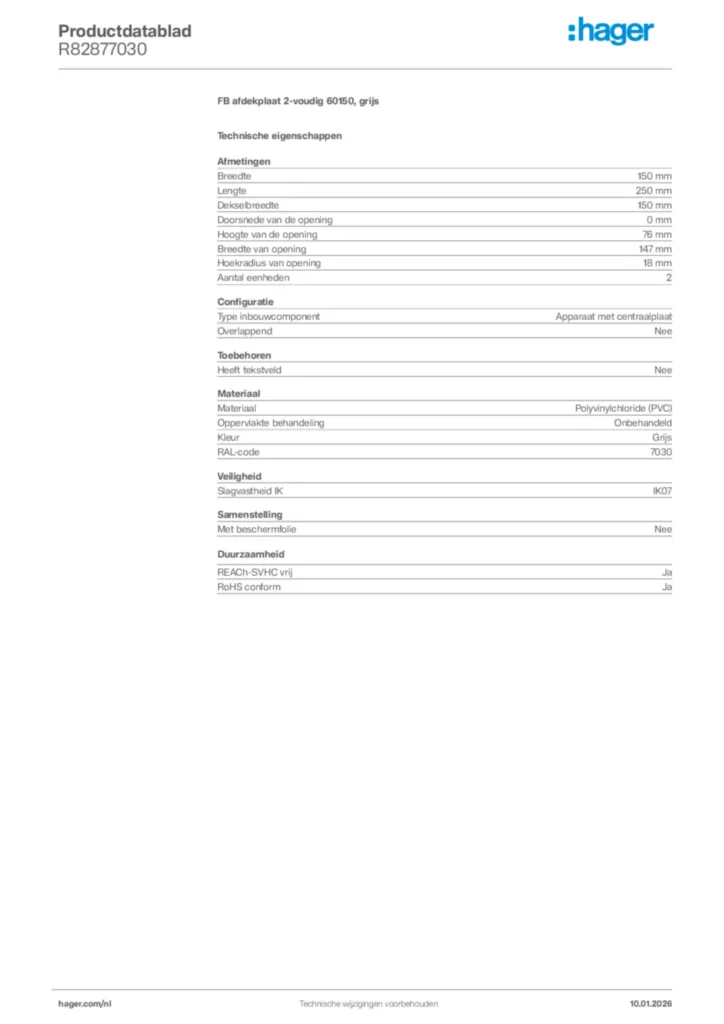 Afbeelding Hager Productdatablad R82877030 | Hager Nederland