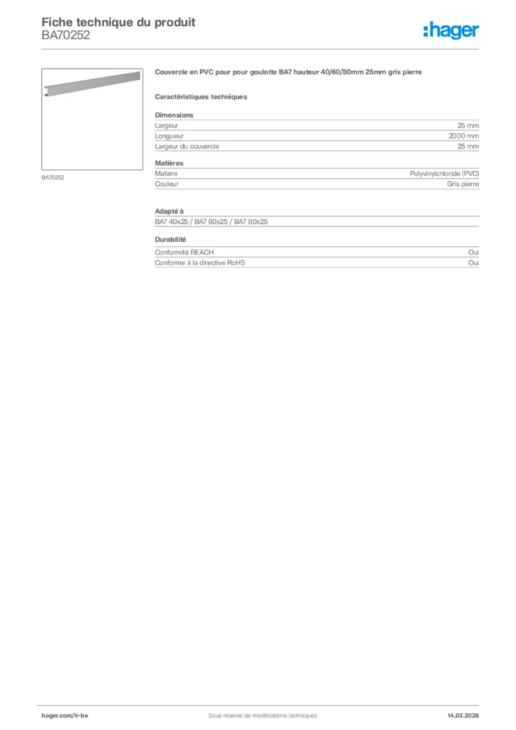 Image Hager Fiche technique du produit BA70252 | Hager Belgique