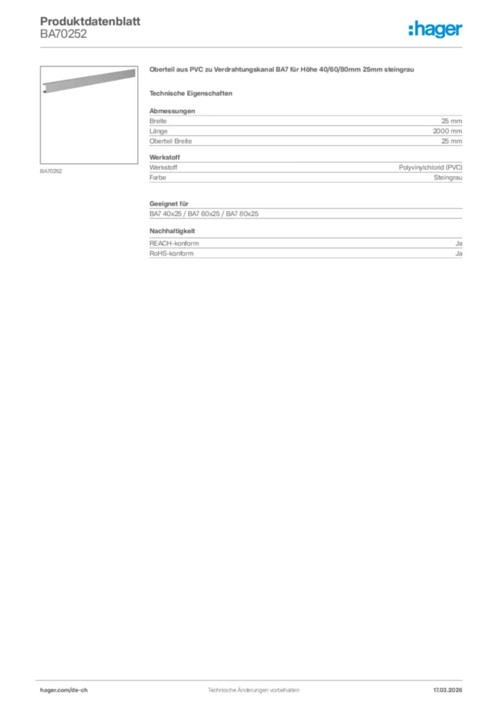 Bild Hager Produktdatenblatt BA70252 | Hager Schweiz