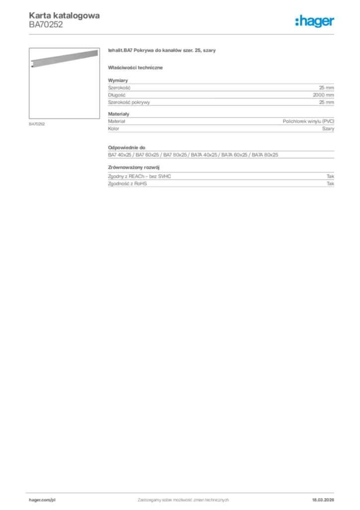 Zdjęcie Hager Karta katalogowa BA70252 | Hager Polska