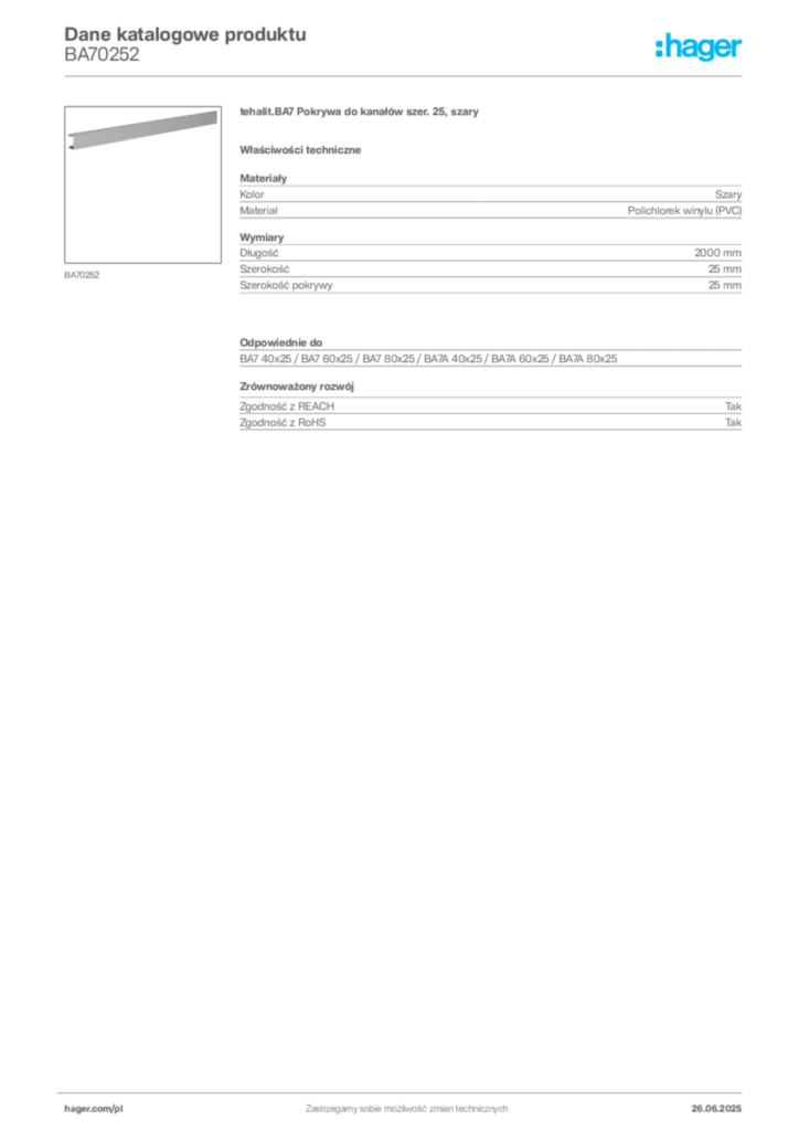 Zdjęcie Hager Dane katalogowe produktu BA70252 | Hager Polska