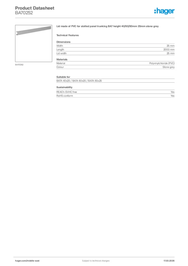Image Hager Product data sheet BA70252  | Hager