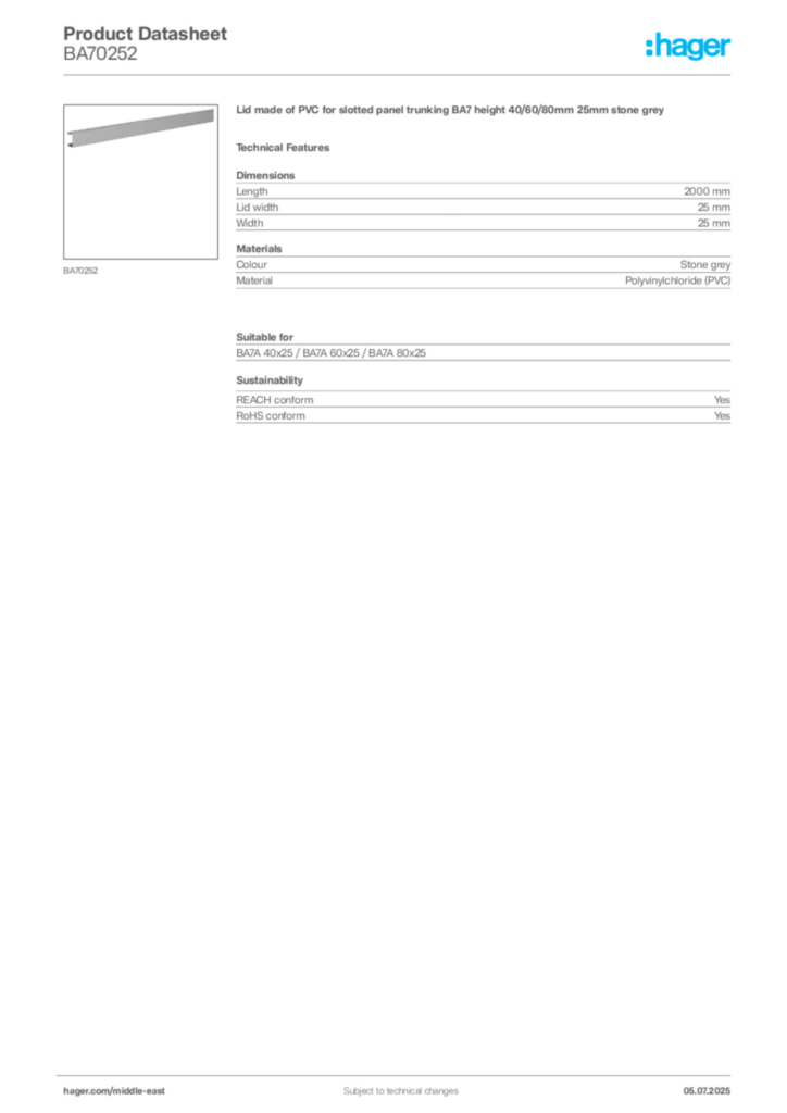 Image Hager Product data sheet BA70252  | Hager