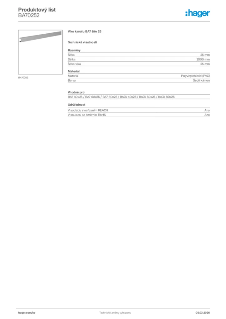 Obrázek Hager Product data sheet BA70252 | Hager