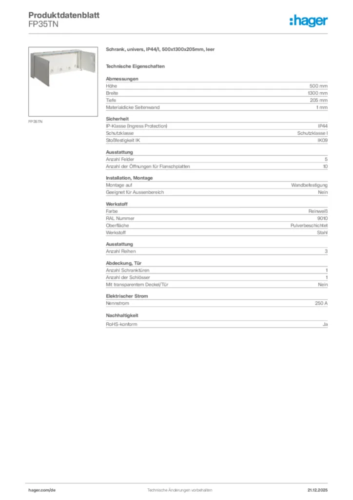 Bild Hager Produktdatenblatt FP35TN | Hager Deutschland