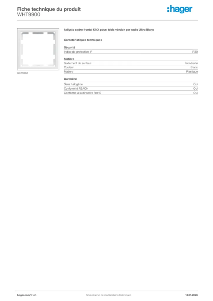 Image Hager Fiche technique du produit WHT9900 | Hager Suisse