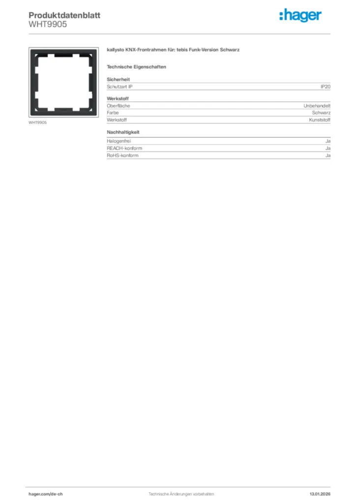 Bild Hager Produktdatenblatt WHT9905 | Hager Schweiz