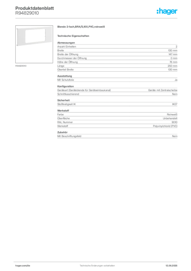 Bild Hager Produktdatenblatt R94829010 | Hager Deutschland
