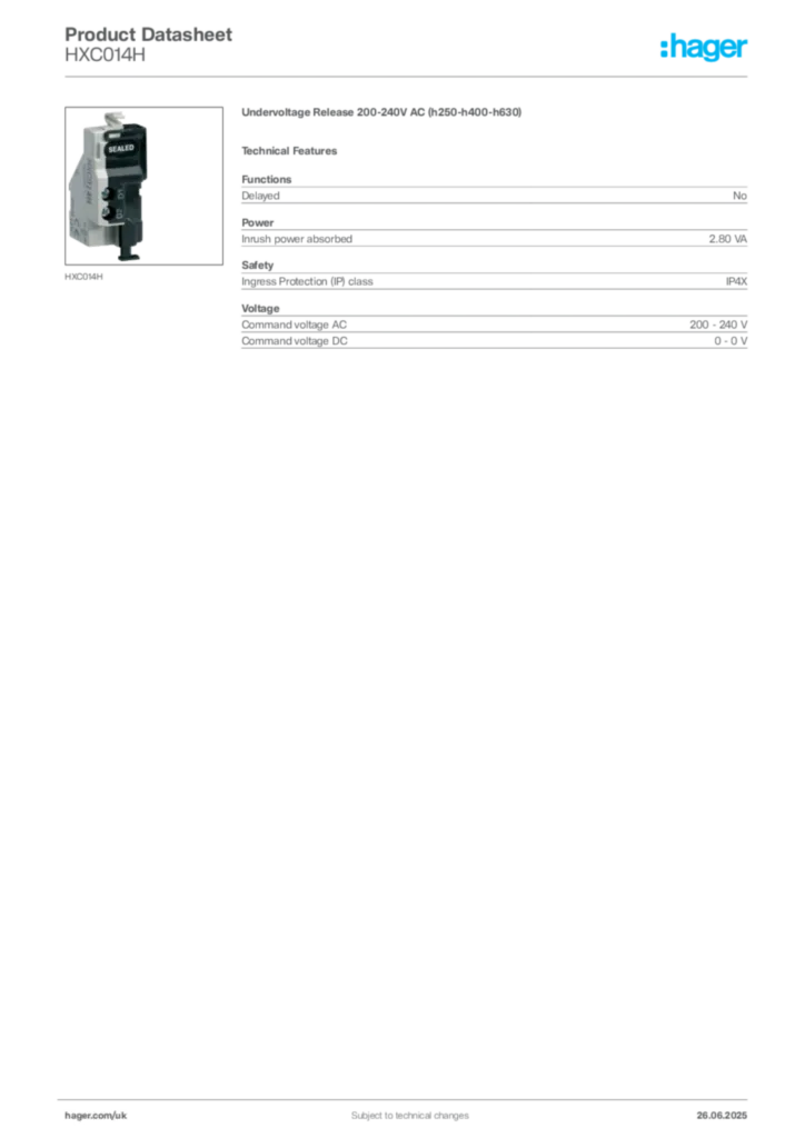Image Hager Product data sheet HXC014H  | Hager