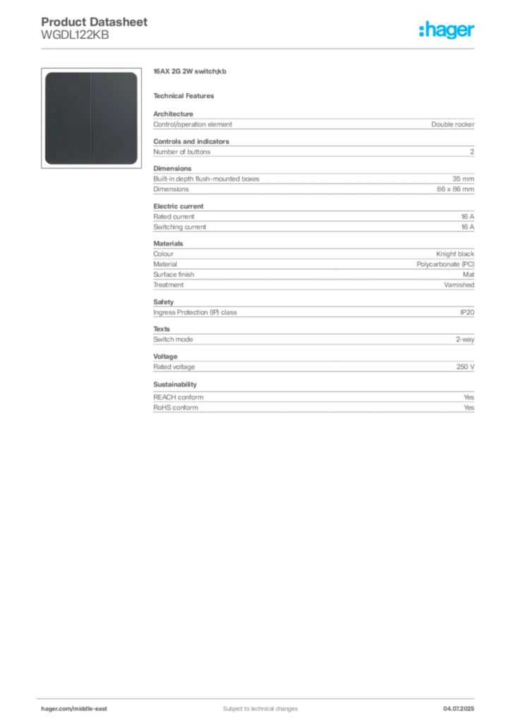 Image Hager Product data sheet WGDL122KB  | Hager