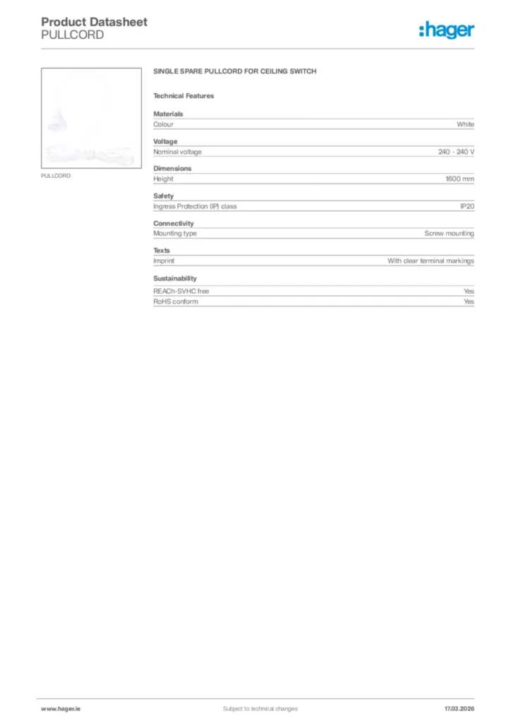 Image Hager Product data sheet PULLCORD  | Hager