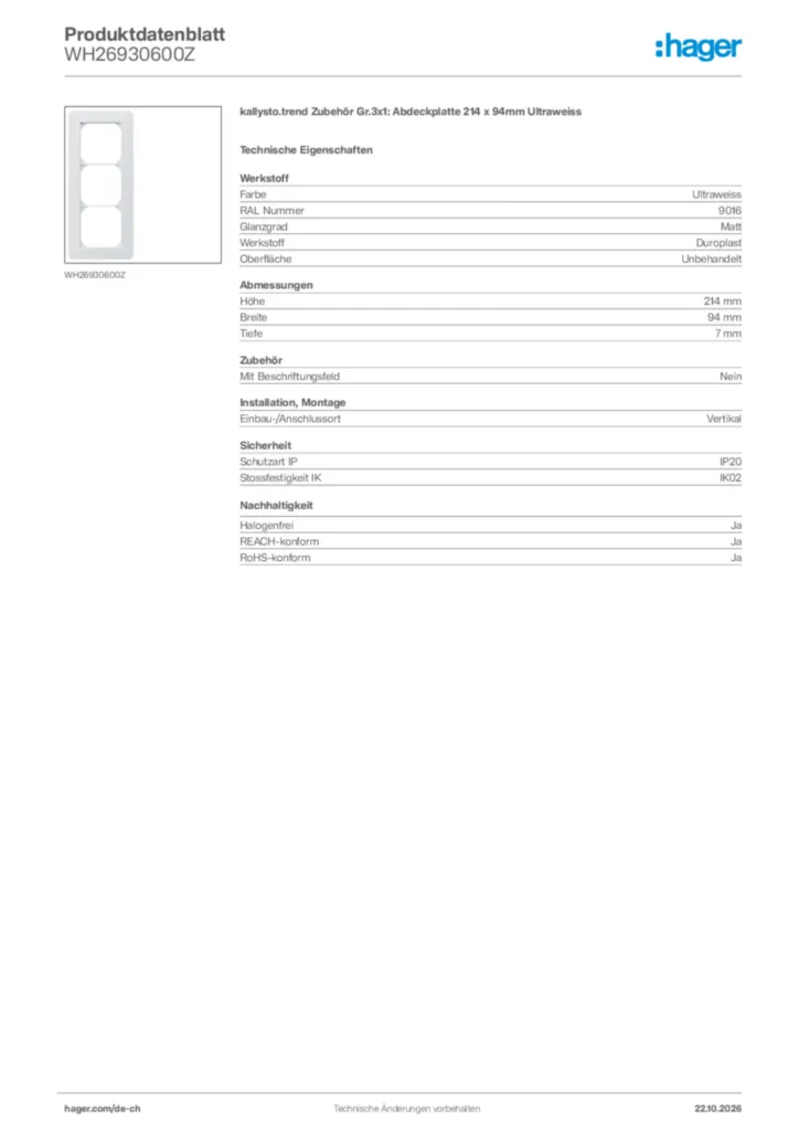 Bild Hager Produktdatenblatt WH26930600Z | Hager Schweiz