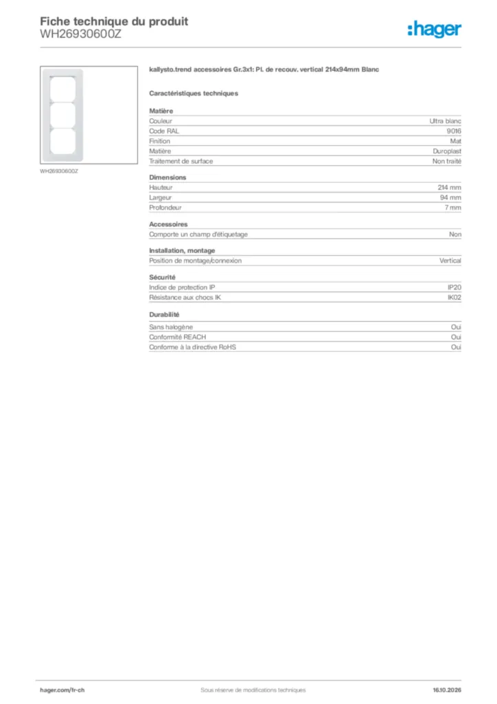 Image Hager Fiche technique du produit WH26930600Z | Hager Suisse