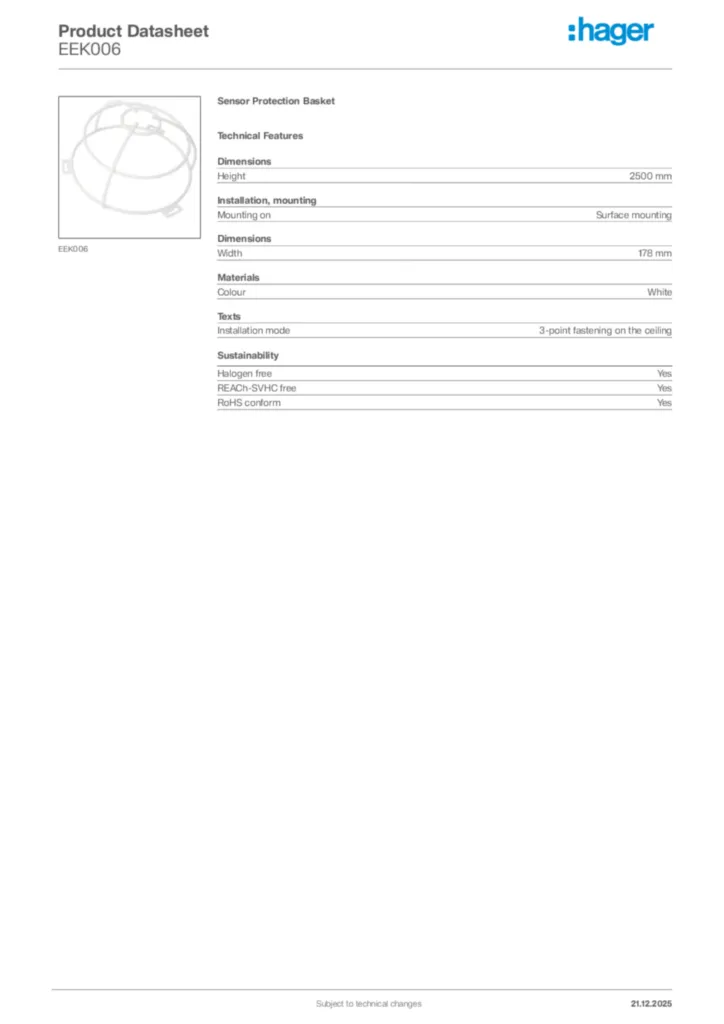 Image Hager Product data sheet EEK006  | Hager Africa