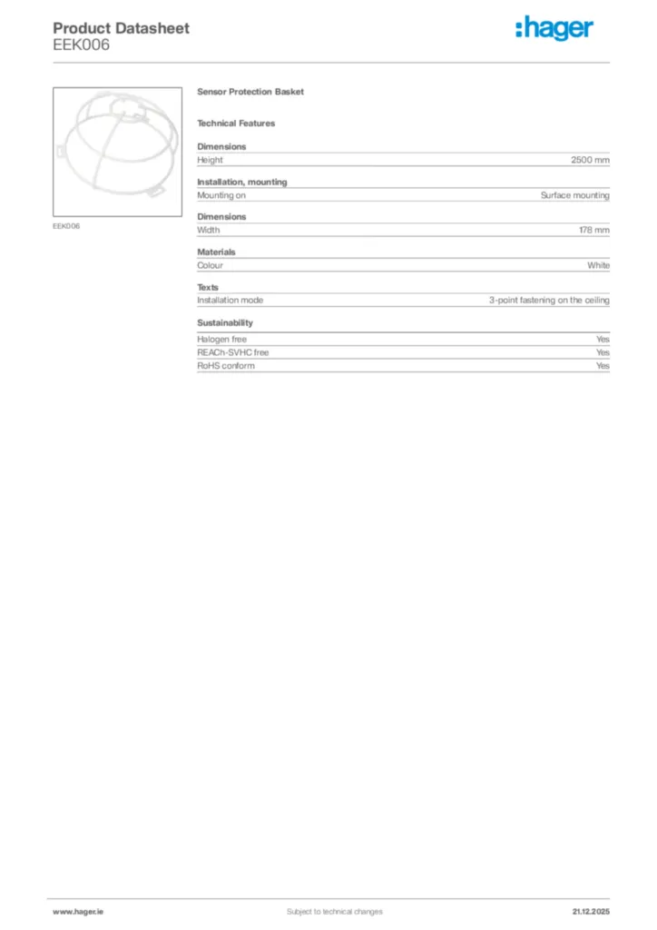 Image Hager Product data sheet EEK006  | Hager