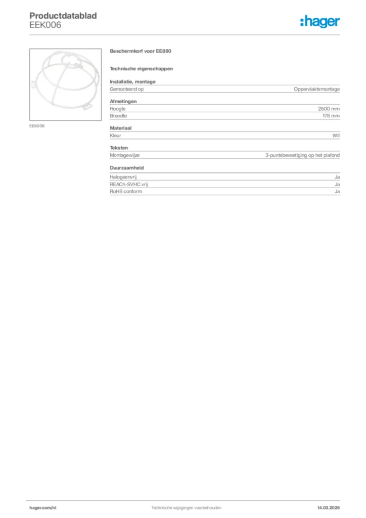 Afbeelding Hager Productdatablad EEK006 | Hager Nederland