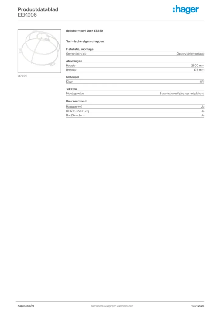 Afbeelding Hager Productdatablad EEK006 | Hager Nederland