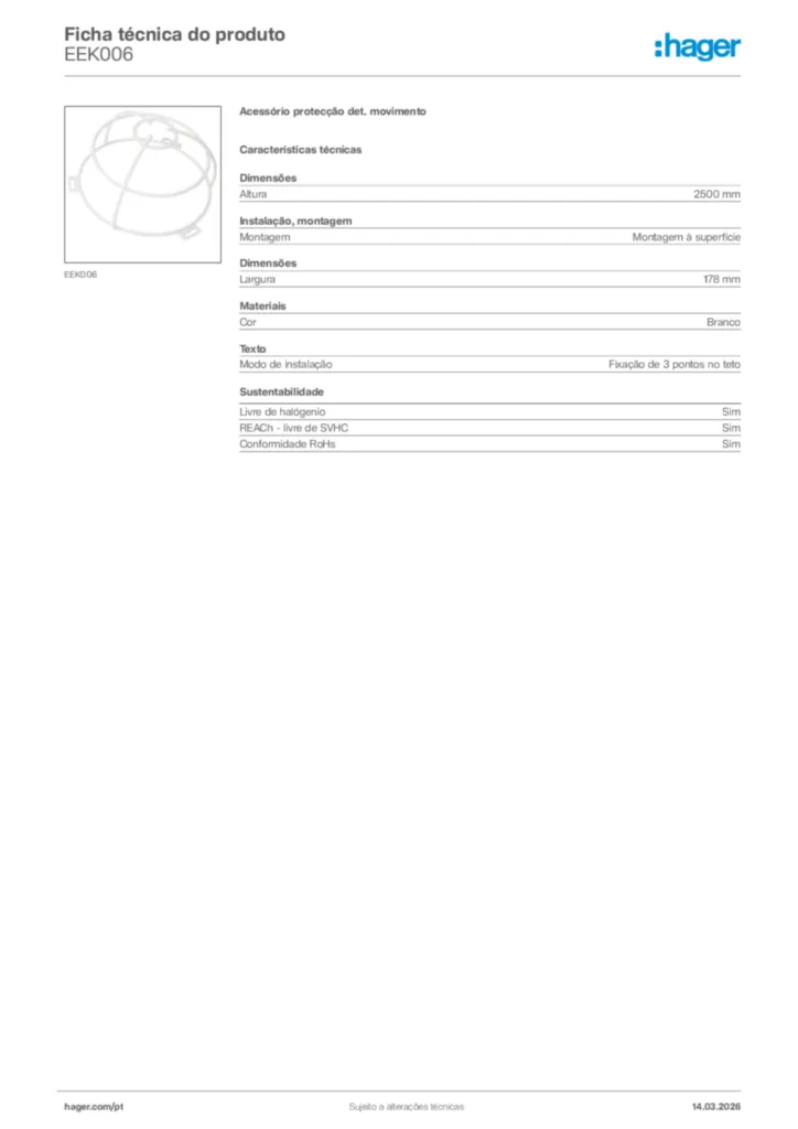 Imagem Hager Ficha técnica do produto EEK006 | Hager Portugal