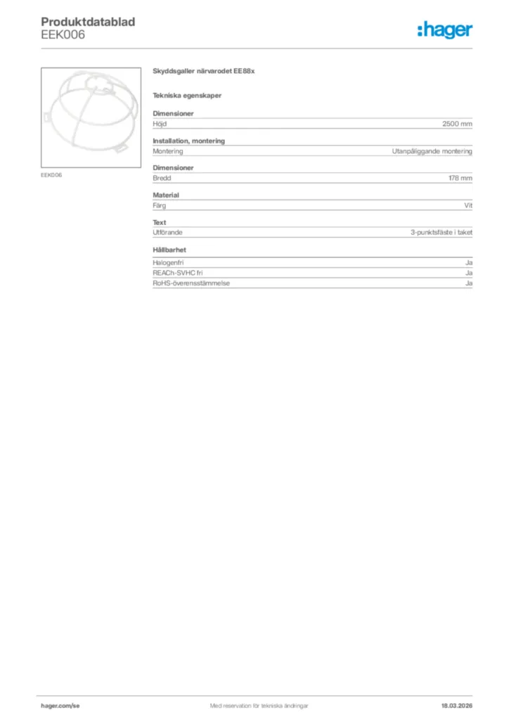 Bild Hager Produktdatablad EEK006 | Hager Sverige
