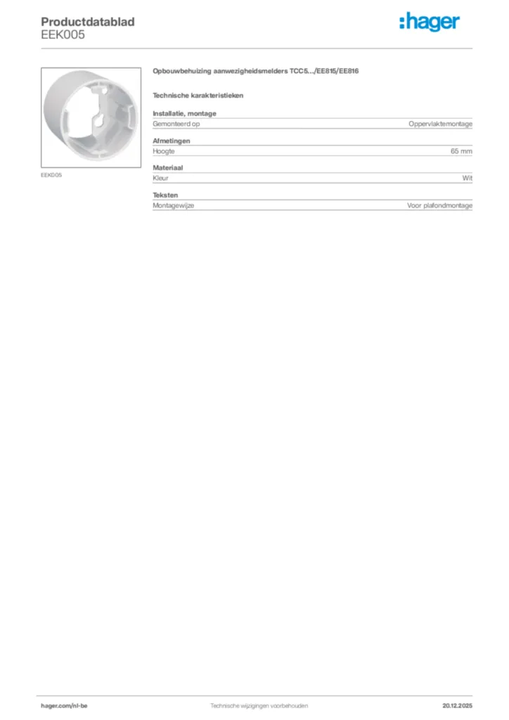 Afbeelding Hager Productdatablad EEK005 | Hager Belgium