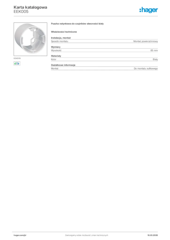 Zdjęcie Hager Karta katalogowa EEK005 | Hager Polska