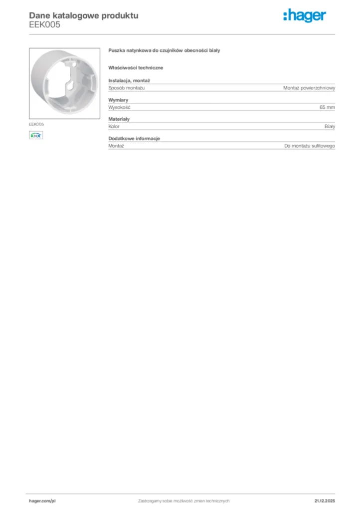 Zdjęcie Hager Dane katalogowe produktu EEK005 | Hager Polska